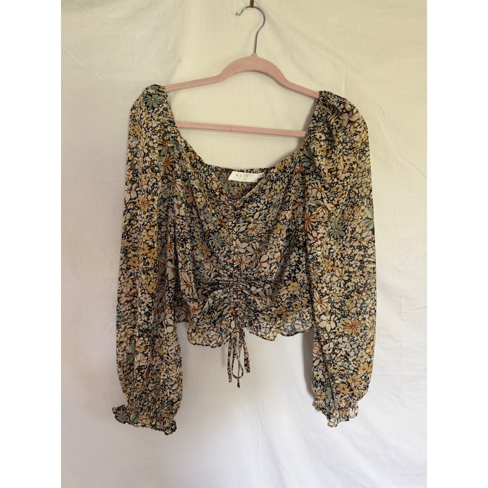 ASTR The Label Floral Cinched Front Crop Top Black Yellow Women's Med Boho Chic